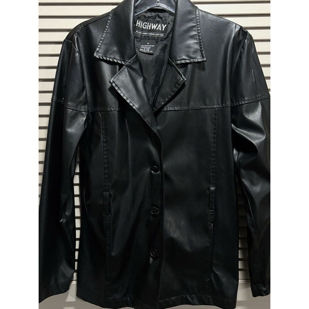 Highway Black Faux Leather Jacket Button Up Lined Size Medium Lined Pockets - Picture 2 of 6